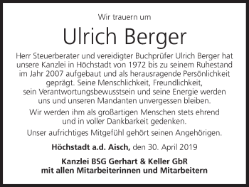 Anzeige von Ulrich Berger von MGO
