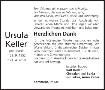 Anzeige von Ursula Keller von MGO