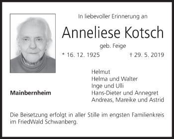 Anzeige von Anneliese Kotsch von MGO