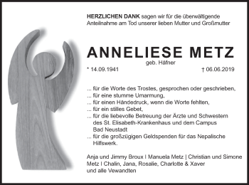 Anzeige von Anneliese Metz von MGO