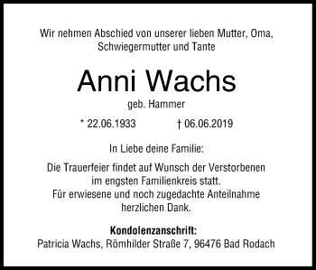 Anzeige von Anni Wachs von MGO