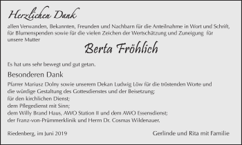 Anzeige von Berta Fröhlich von MGO