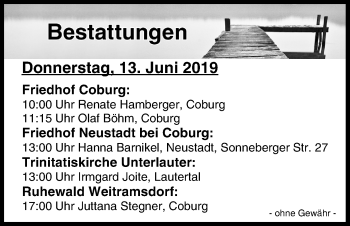 Anzeige von Bestattungen vom 13.06.2019 von MGO