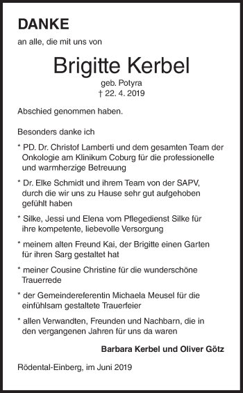 Anzeige von Brigitte Kerbel von MGO