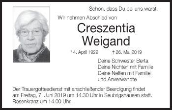 Anzeige von Creszentia Weigand von MGO