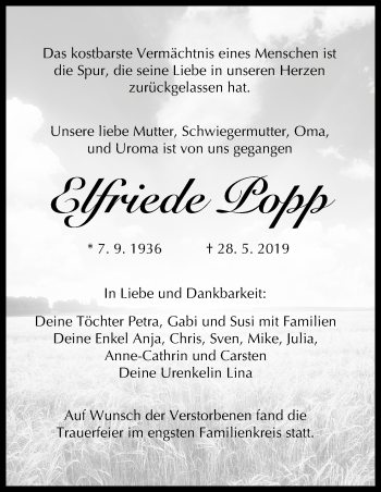 Anzeige von Elfriede Popp von MGO