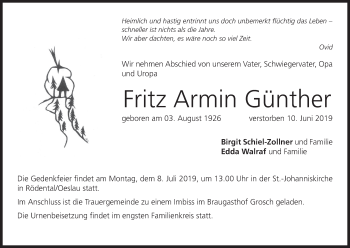 Anzeige von Fritz Armin Günther von MGO