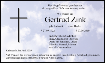 Anzeige von Gertrud Zink von MGO