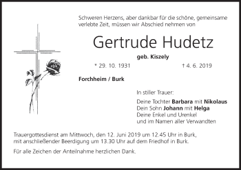 Anzeige von Gertrude Hudetz von MGO
