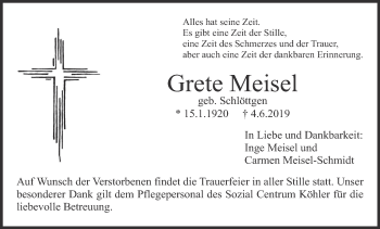 Anzeige von Grete Meisel von MGO