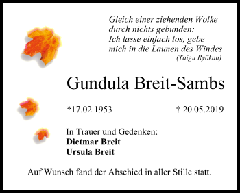 Anzeige von Gundula Breit-Sambs von MGO