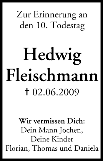 Anzeige von Hedwig Fleischmann von MGO