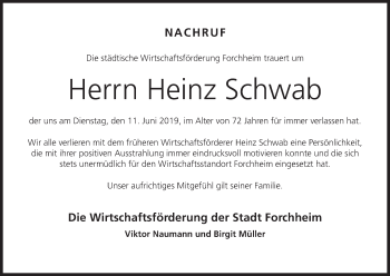 Anzeige von Heinz Schwab von MGO