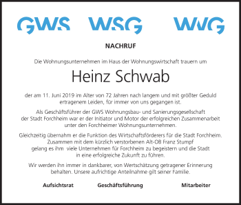 Anzeige von Heinz Schwab von MGO