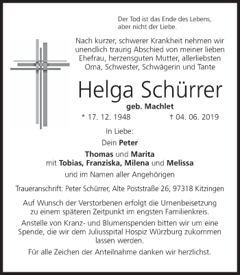 Anzeige von Helga Schürrer von MGO