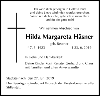 Anzeige von Hilda Margareta Häsner von MGO