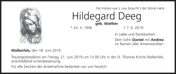 Anzeige von Hildegard Deeg von MGO