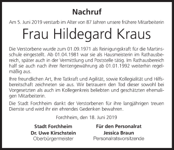 Anzeige von Hildegard Kraus von MGO