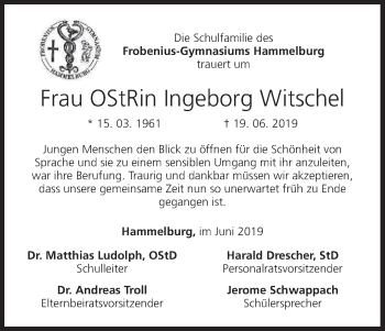 Anzeige von Ingeborg Witschel von MGO
