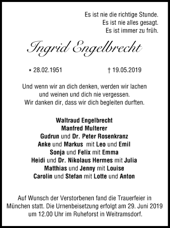 Anzeige von Ingrid Engelbrecht von MGO