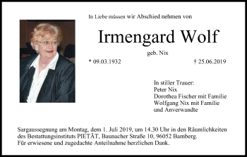 Anzeige von Irmengard Wolf von MGO
