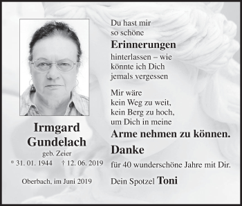Anzeige von Irmgard Gundelach von MGO