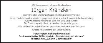 Anzeige von Jürgen Kränzlein von MGO