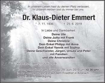 Anzeige von Klaus-Dieter Emmert von MGO