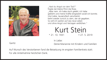 Anzeige von Kurt Stein von MGO