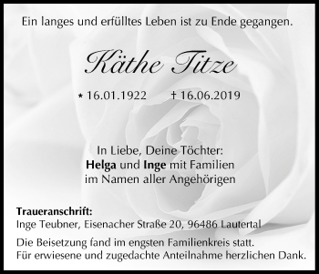 Anzeige von Käthe Titze von MGO