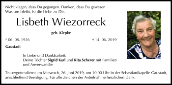 Anzeige von Lisbeth Wiezorreck von MGO
