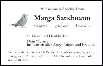 Anzeige von Marga Sandmann von MGO