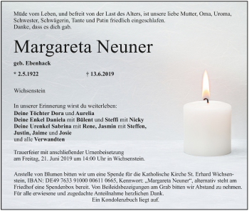 Anzeige von Margareta Neuner von MGO