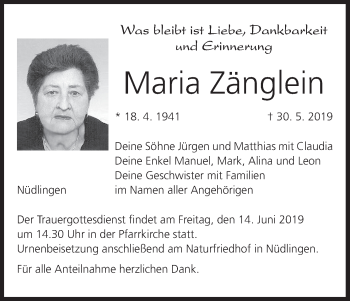 Anzeige von Maria Zänglein von MGO