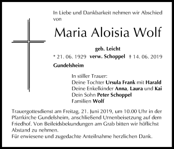Anzeige von Maria Aloisia Wolf von MGO