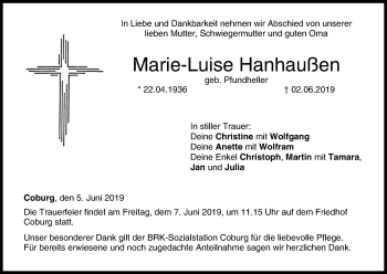 Anzeige von Marie-Luise Hanhaußen von MGO