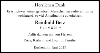 Anzeige von Reinhold Betz von MGO