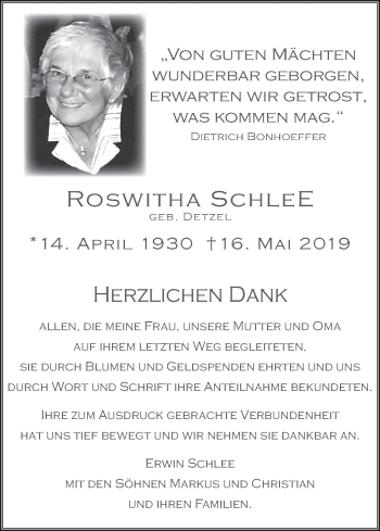 Anzeige von Roswitha Schlee von MGO