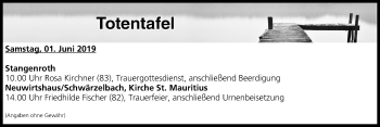 Anzeige von Totentafel vom 01.06.2019 von MGO