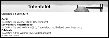 Anzeige von Totentafel vom 04.06.2019 von MGO