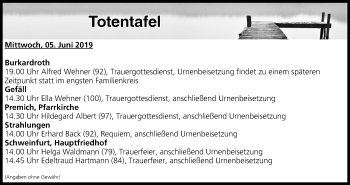 Anzeige von Totentafel vom 05.06.2019 von MGO