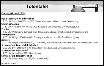 Anzeige von Totentafel vom 07.06.2019 von MGO