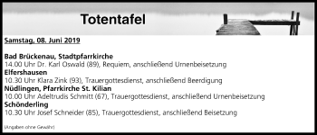 Anzeige von Totentafel vom 08.06.2019 von MGO