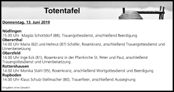 Anzeige von Totentafel vom 13.06.2019 von MGO
