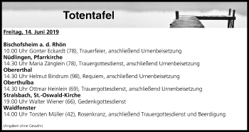 Anzeige von Totentafel vom 14.06.2019 von MGO