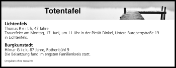 Anzeige von Totentafel vom 15.06.2019 von MGO