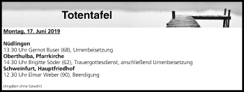 Anzeige von Totentafel vom 17.06.2019 von MGO
