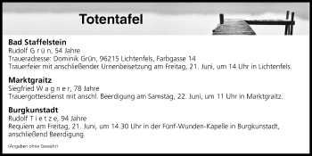 Anzeige von Totentafel vom 20.06.2019 von MGO