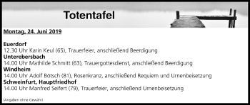 Anzeige von Totentafel vom 24.06.2019 von MGO