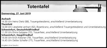 Anzeige von Totentafel vom 27.06.2019 von MGO